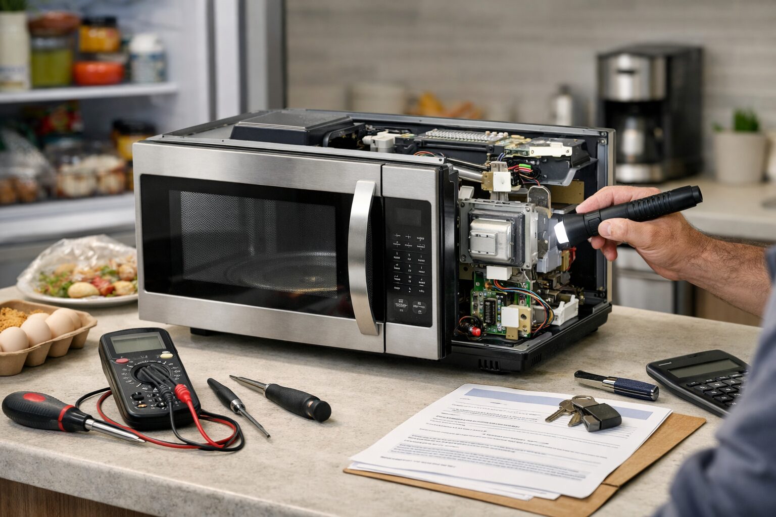 Technician inspecting microwave oven inside a modern kitchen with repair tools on the counter nearby