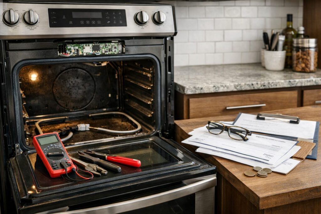 Technician inspecting oven heating element in a modern kitchen during a repair service visit after warranty expiration