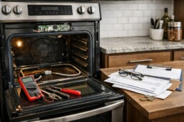 Technician inspecting oven heating element in a modern kitchen during a repair service visit after warranty expiration
