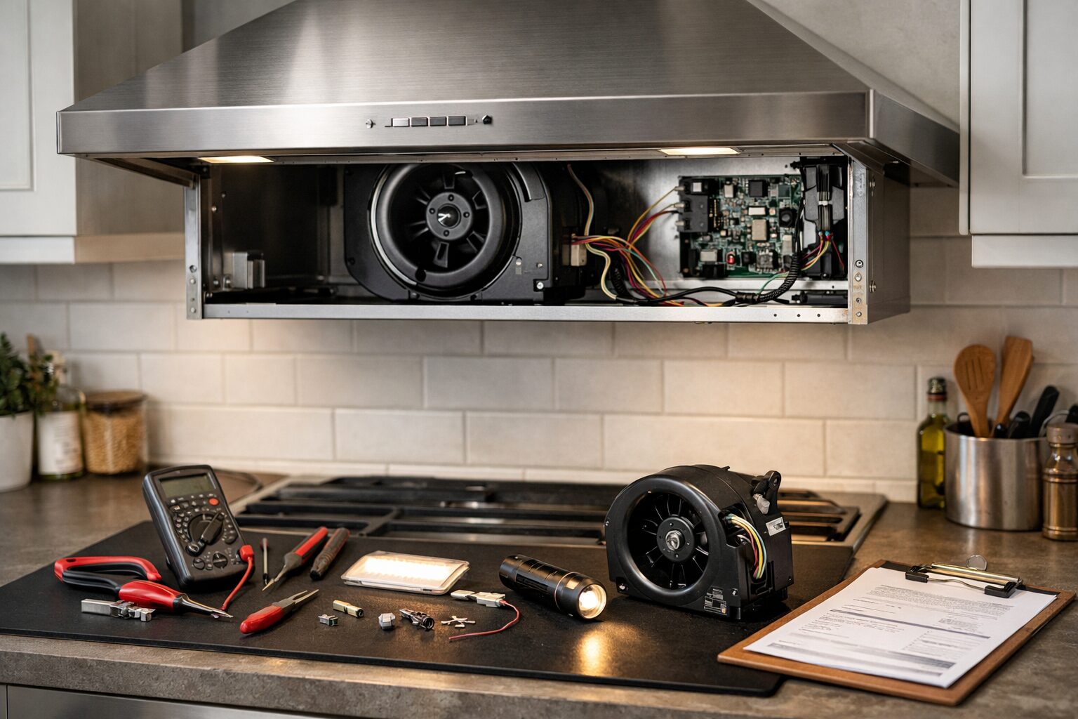 Technician inspecting and repairing a modern range hood in a clean, well-lit kitchen environment