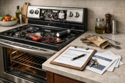 Technician inspecting a modern kitchen range with repair tools in a well-lit contemporary home kitchen environment