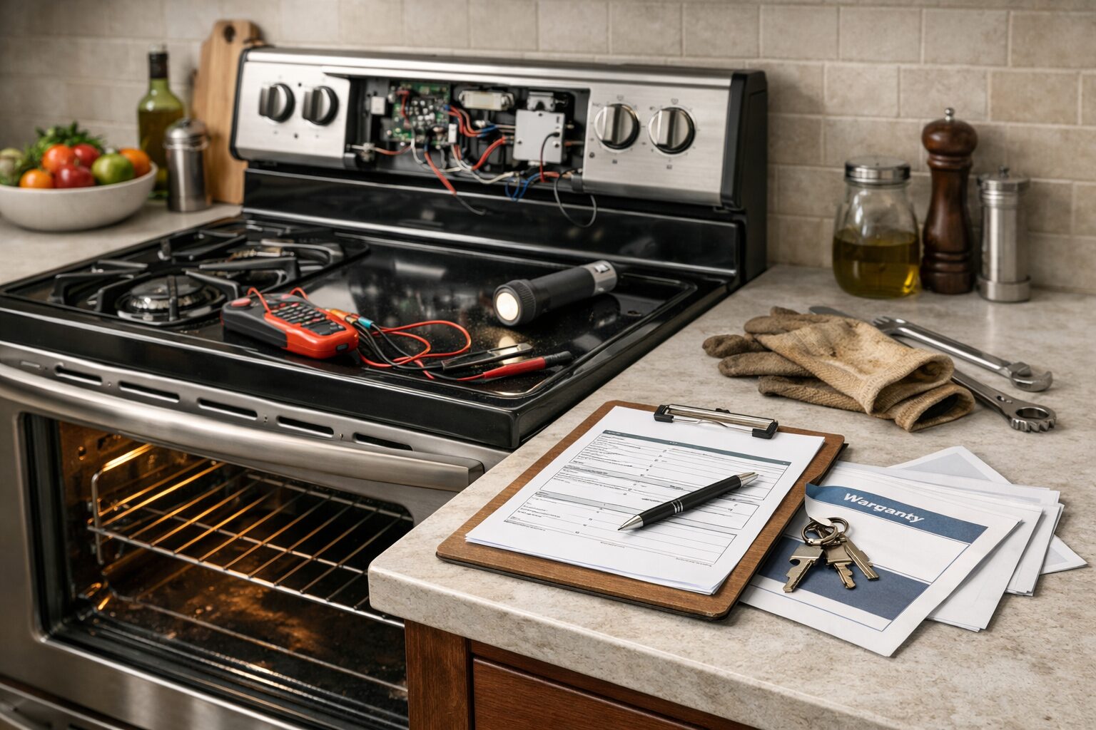 Technician inspecting a modern kitchen range with repair tools in a well-lit contemporary home kitchen environment