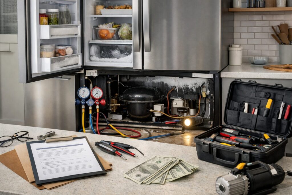 Technician inspecting refrigerator compressor in modern kitchen with repair tools nearby and visible food inside fridge