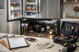 Technician inspecting refrigerator compressor in modern kitchen with repair tools nearby and visible food inside fridge
