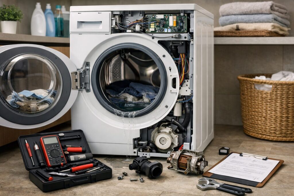 Technician repairing a washing machine in a modern laundry room with tools and open appliance panel visible