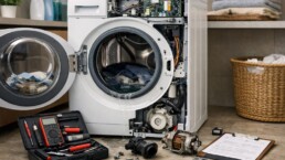 Technician repairing a washing machine in a modern laundry room with tools and open appliance panel visible