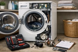 Technician repairing a washing machine in a modern laundry room with tools and open appliance panel visible