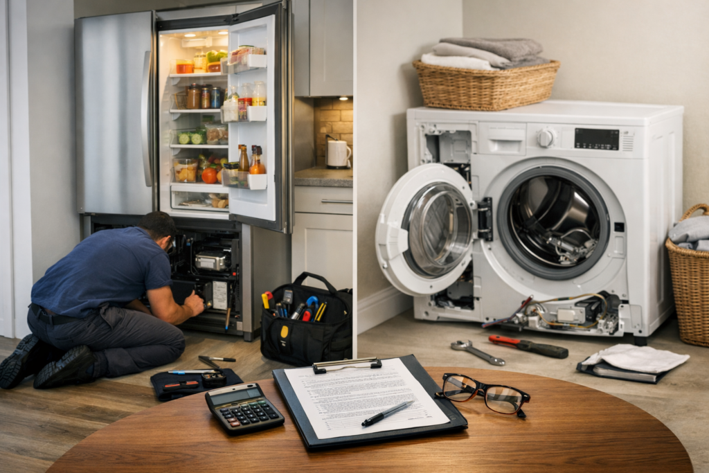 Technician inspecting a modern refrigerator in a bright kitchen evaluating repair or replacement options