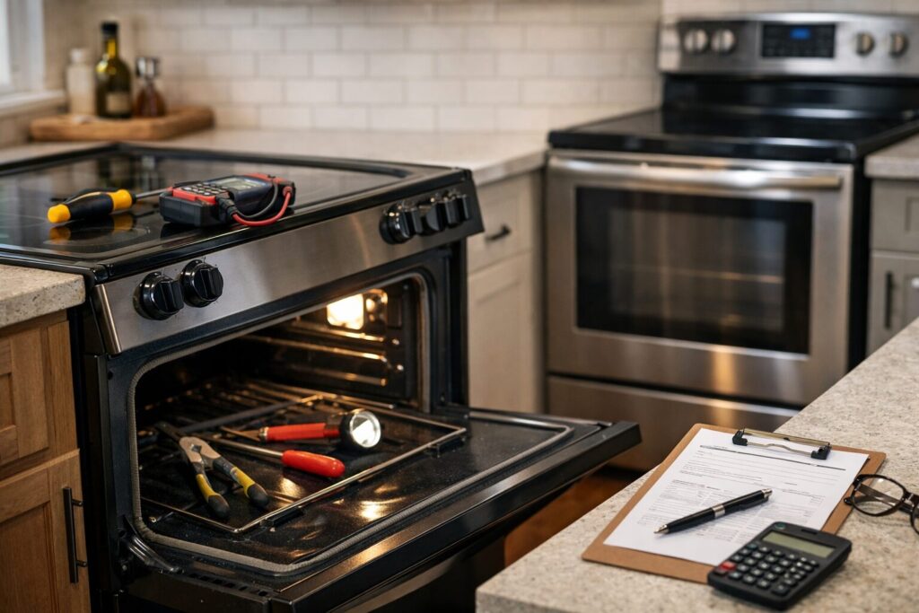 Electric range with open oven door and repair tools on kitchen counter in a modern home setting