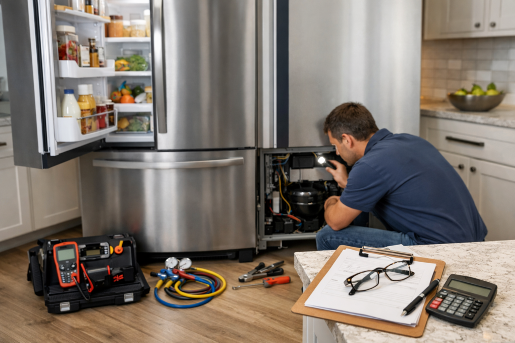 Technician inspecting a modern French door refrigerator in a bright kitchen assessing repair or replacement options