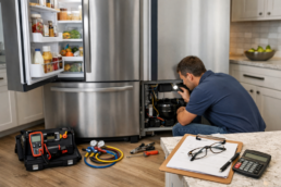 Technician inspecting a modern French door refrigerator in a bright kitchen assessing repair or replacement options
