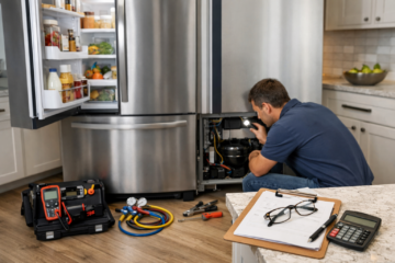 Technician inspecting a modern French door refrigerator in a bright kitchen assessing repair or replacement options