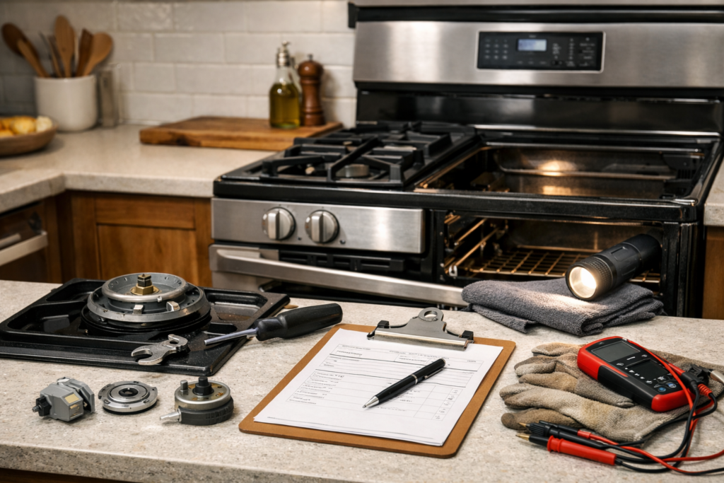 Technician inspecting a modern gas range in a clean kitchen setting with repair tools nearby and natural lighting