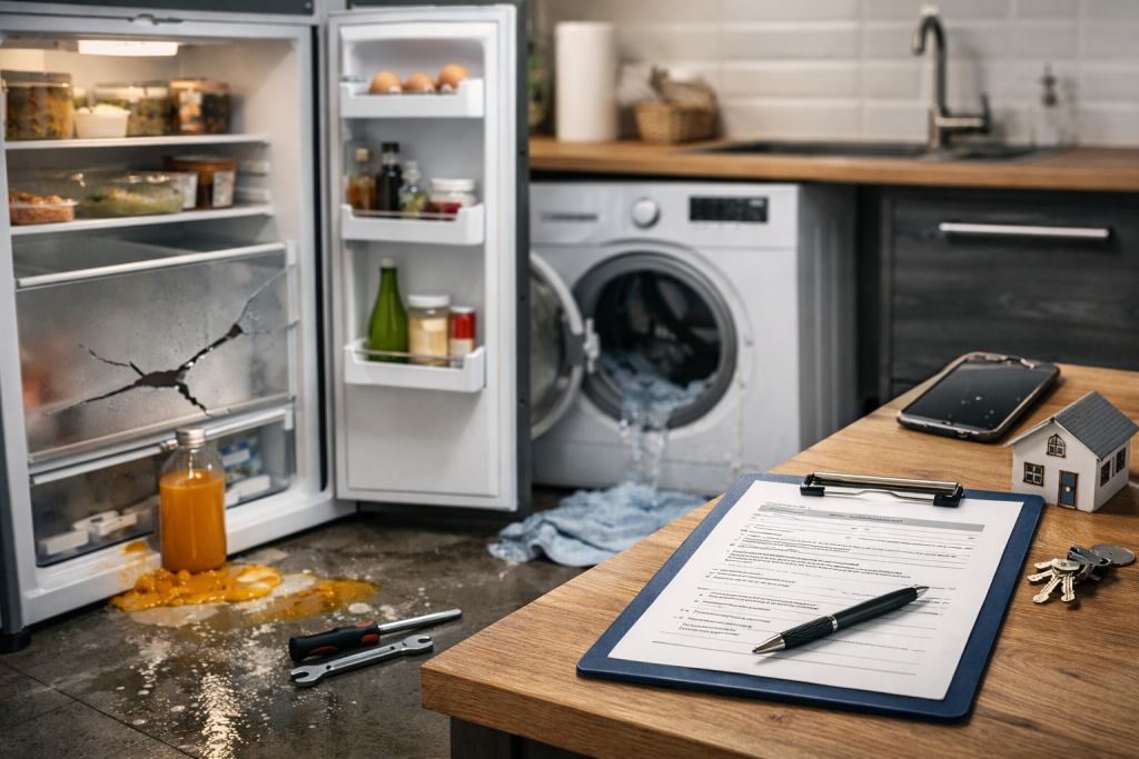 Technician inspecting a modern refrigerator in a bright kitchen, tools ready for appliance repair and maintenance