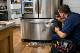Technician inspecting a modern French door refrigerator in a bright kitchen setting with repair tools nearby