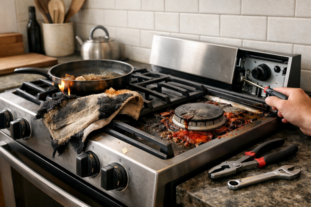 Modern kitchen gas range with visible control knobs and a technician inspecting the appliance for damage or repair