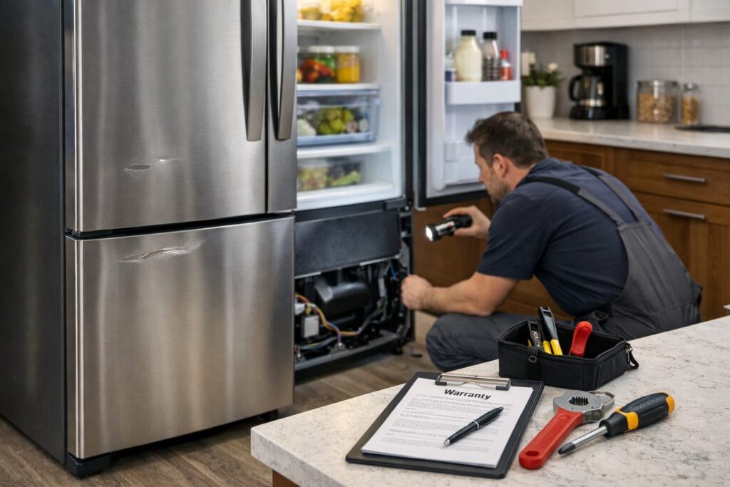 Technician inspecting a scratched refrigerator door in a modern kitchen setting with repair tools nearby