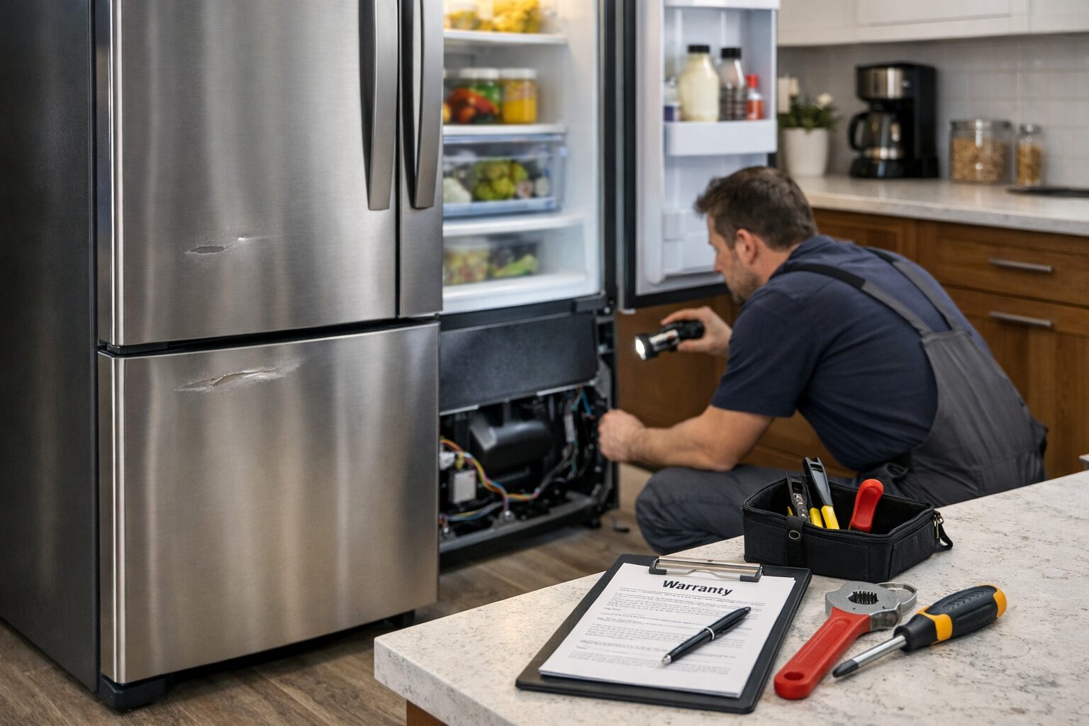 Technician inspecting a scratched refrigerator door in a modern kitchen setting with repair tools nearby