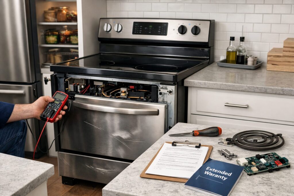 scratch and dent electric range in modern kitchen with repair tools and warranty documents on countertop nearby