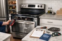 scratch and dent electric range in modern kitchen with repair tools and warranty documents on countertop nearby