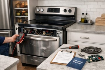 scratch and dent electric range in modern kitchen with repair tools and warranty documents on countertop nearby