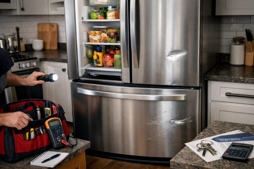 Technician inspecting a scratch and dent French door refrigerator in a modern kitchen setting with repair tools nearby