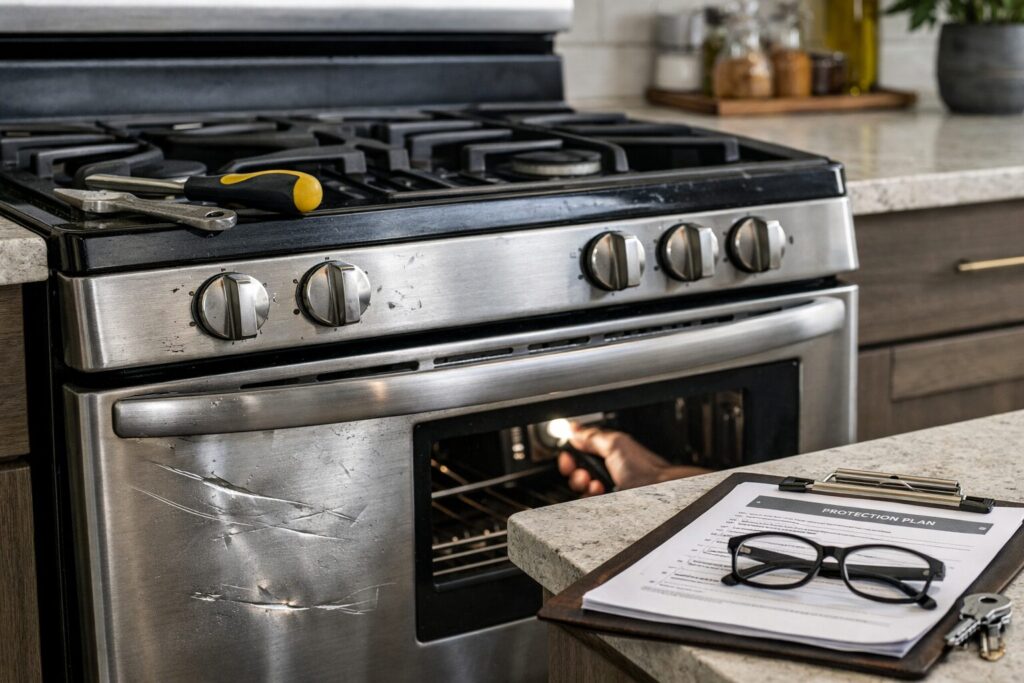 Close-up of a scratch and dent gas range in a modern kitchen with a technician inspecting the appliance for repairs