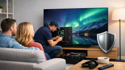Technician repairing a modern OLED TV in a clean home environment symbolizing warranty and protection plans