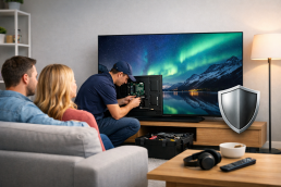 Technician repairing a modern OLED TV in a clean home environment symbolizing warranty and protection plans