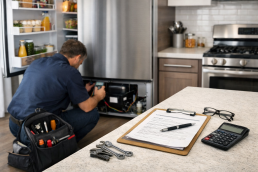 Technician inspecting a modern refrigerator in a bright kitchen with warranty documents and repair tools nearby