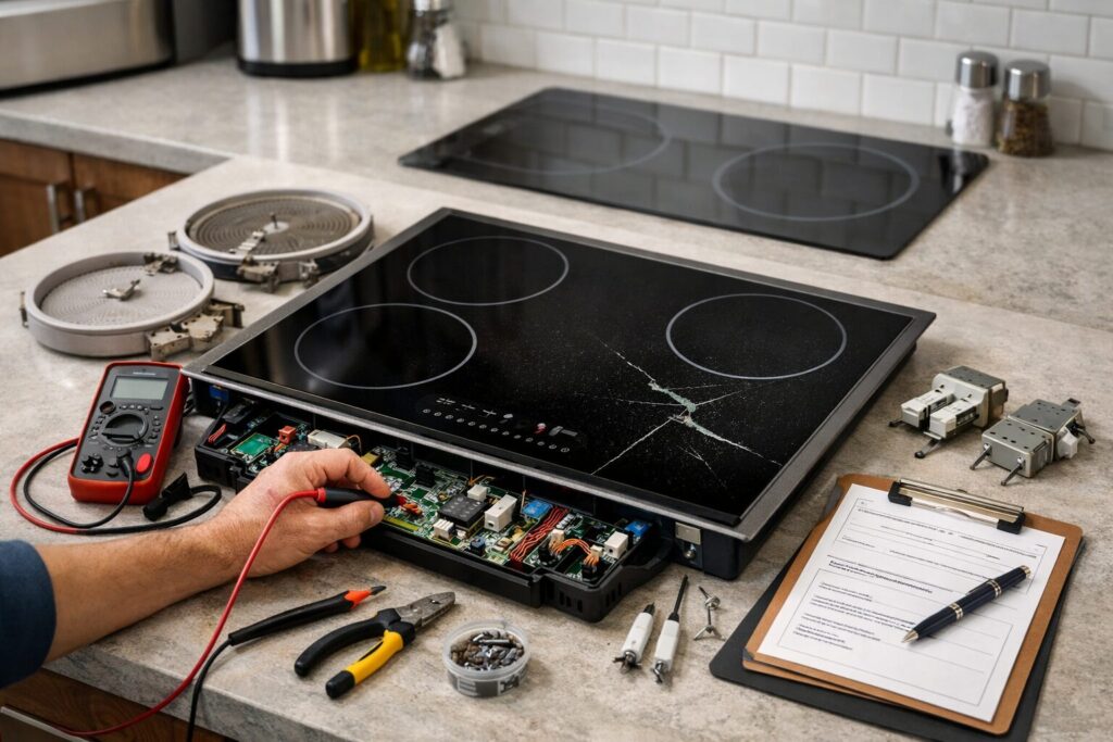 technician inspecting a modern glass cooktop in a bright kitchen with repair tools nearby and warranty documents visible