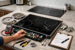 technician inspecting a modern glass cooktop in a bright kitchen with repair tools nearby and warranty documents visible