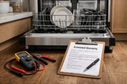 Technician inspecting dishwasher control panel in a modern kitchen with repair tools nearby and warranty paperwork visible
