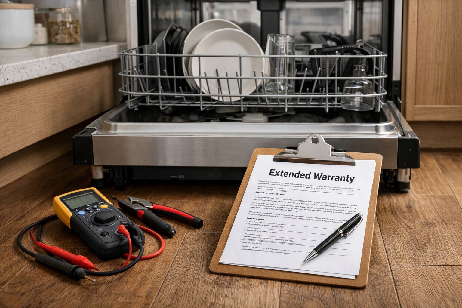 Technician inspecting dishwasher control panel in a modern kitchen with repair tools nearby and warranty paperwork visible