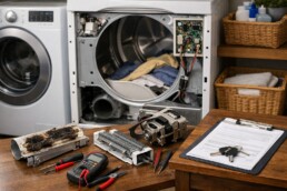 Technician inspecting a modern dryer in a bright, clean laundry room with repair tools nearby