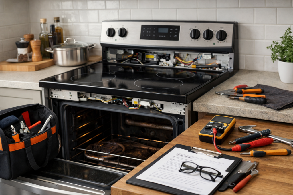 Electric range in modern kitchen with service technician inspecting control panel and warranty documents on counter