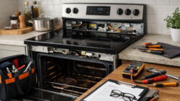 Electric range in modern kitchen with service technician inspecting control panel and warranty documents on counter