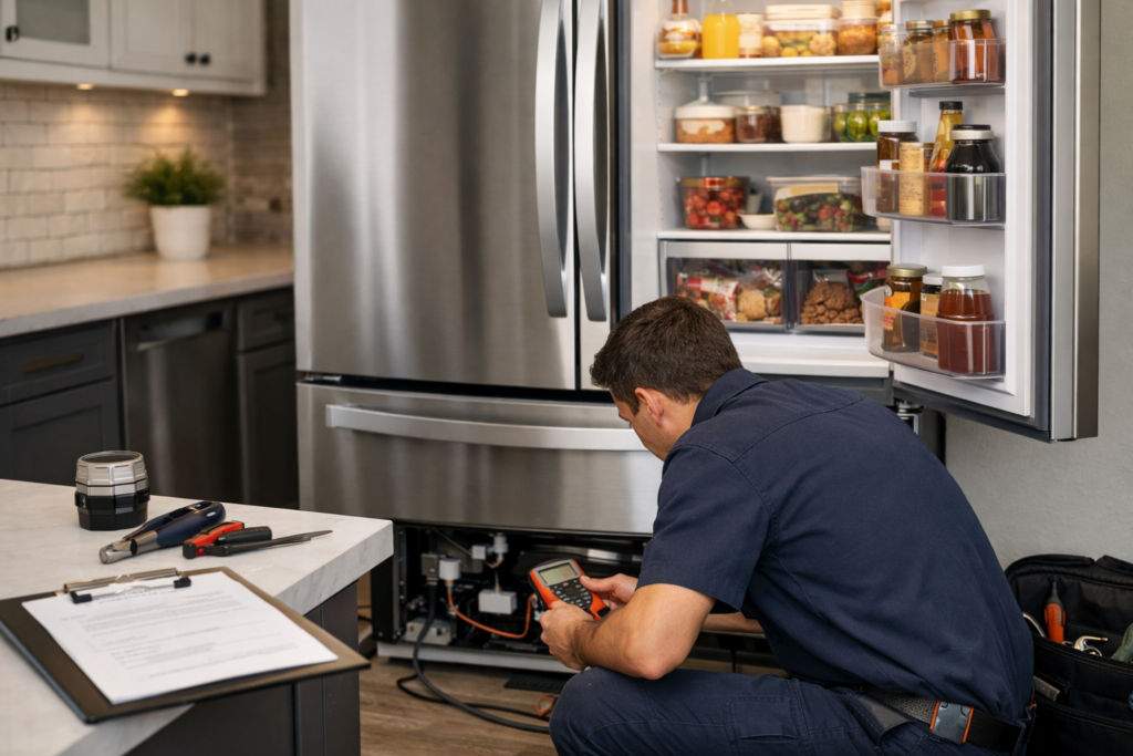 technician inspecting open French door refrigerator in modern kitchen with repair tools nearby and warranty paperwork on