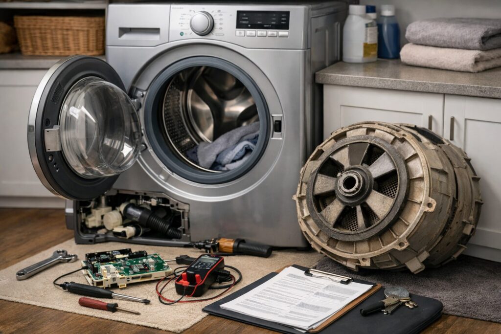 Technician inspecting front load washer control panel in modern laundry room with repair tools nearby