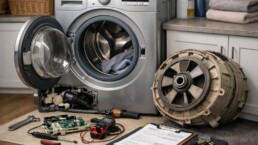 Technician inspecting front load washer control panel in modern laundry room with repair tools nearby