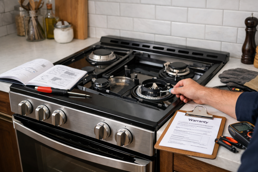 Gas range in modern kitchen with repair tools and warranty documents on countertop nearby