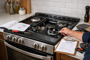 Gas range in modern kitchen with repair tools and warranty documents on countertop nearby