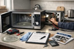 Microwave on kitchen counter with extended warranty documents and repair tools nearby in a modern home setting