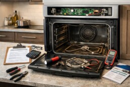 modern kitchen with a homeowner reviewing oven repair options and warranty paperwork on the counter next to the oven