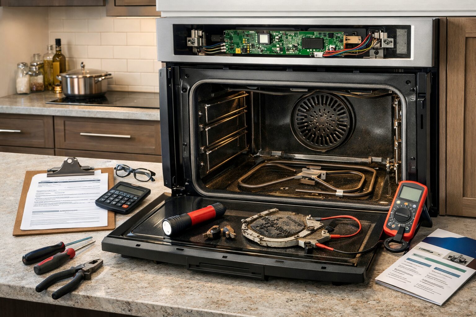modern kitchen with a homeowner reviewing oven repair options and warranty paperwork on the counter next to the oven