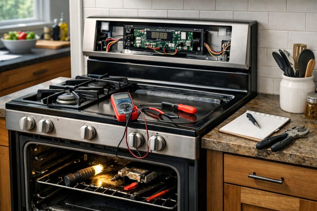 modern kitchen with a range and repair tools on countertop suggesting appliance maintenance and warranty considerations