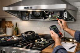technician inspecting and repairing a modern range hood in a clean, well-lit kitchen environment