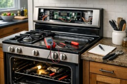 modern kitchen with a range and repair tools on countertop suggesting appliance maintenance and warranty considerations