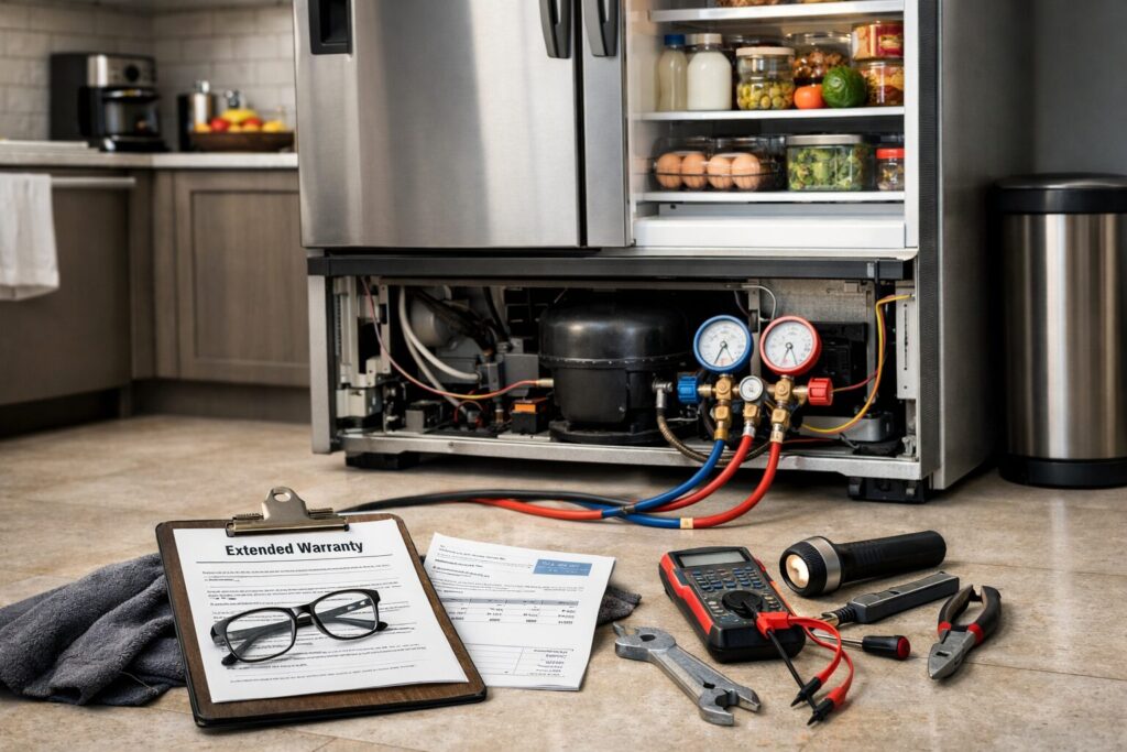 Technician inspecting a modern refrigerator in a bright kitchen with repair tools nearby and warranty documents on counter