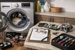 technician inspecting washing machine control panel in modern laundry room with repair tools nearby